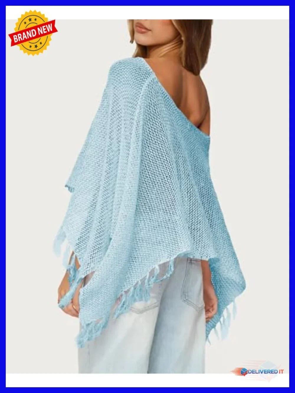 One Shoulder Sheer Knit Poncho Fringe Lightweight Summer Wrap Sweater